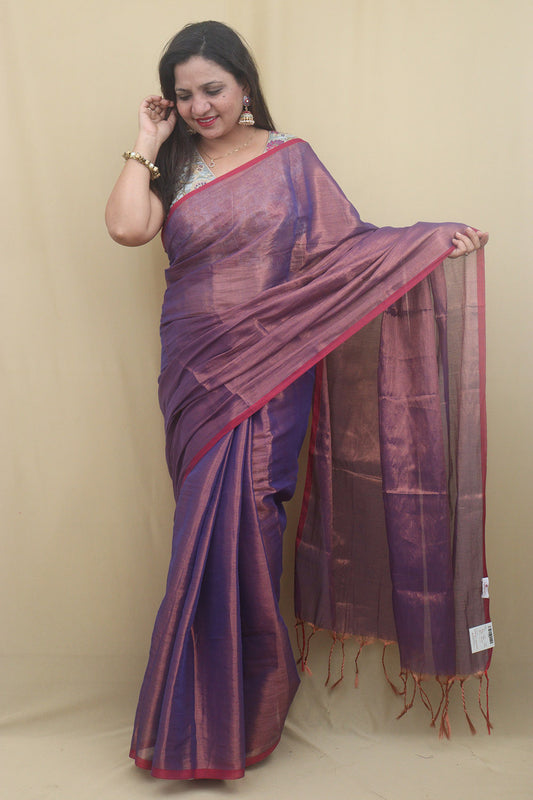 Elegant Purple Bengal Plain Tissue Cotton Saree