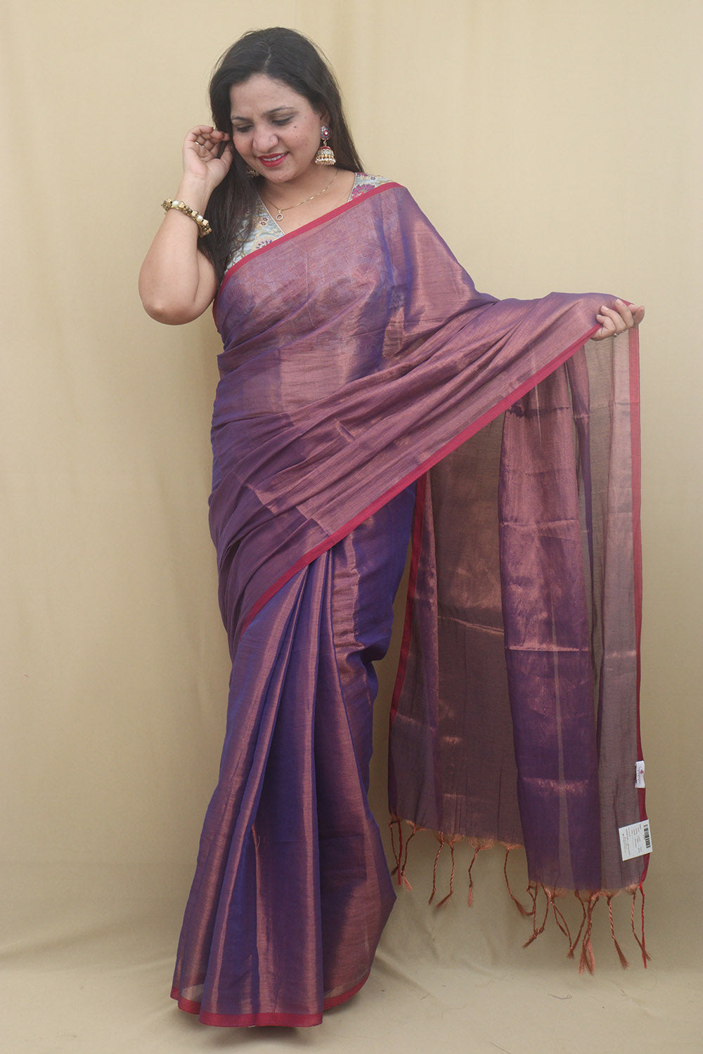 1 Min Ready To Wear - Purple Bengal Plain Tissue Cotton Saree - Luxurion World