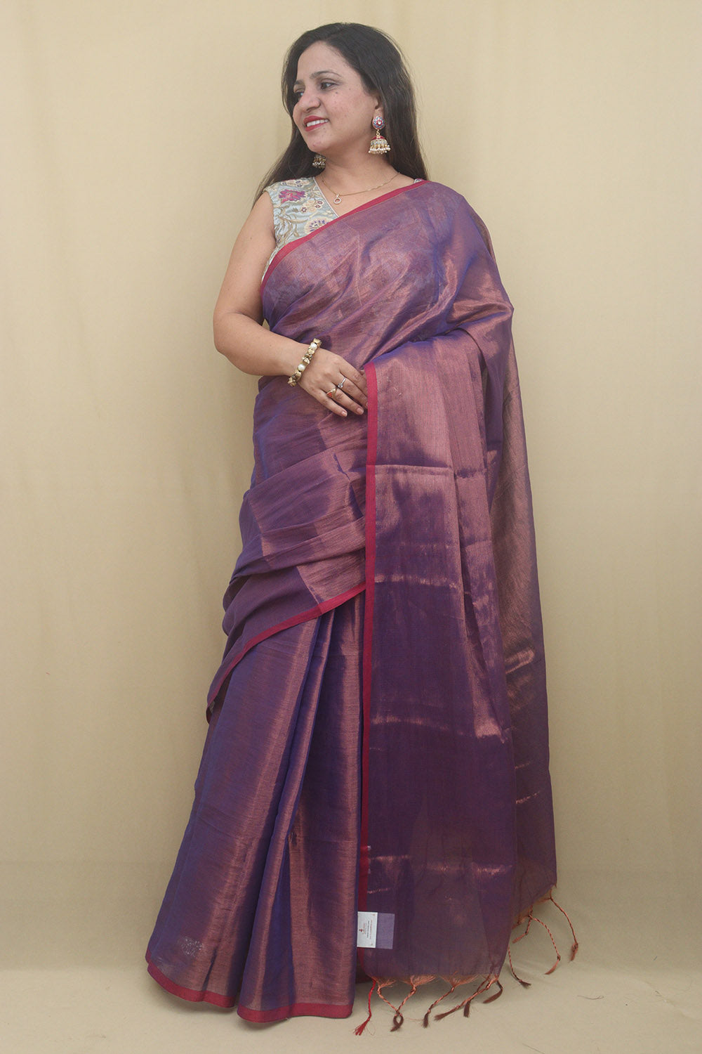 1 Min Ready To Wear - Purple Bengal Plain Tissue Cotton Saree - Luxurion World