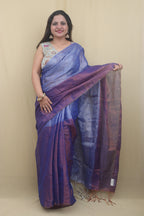Elegant Blue Bengal Plain Tissue Cotton Half And Half Saree - Luxurion World