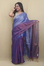 Elegant Blue Bengal Plain Tissue Cotton Half And Half Saree - Luxurion World