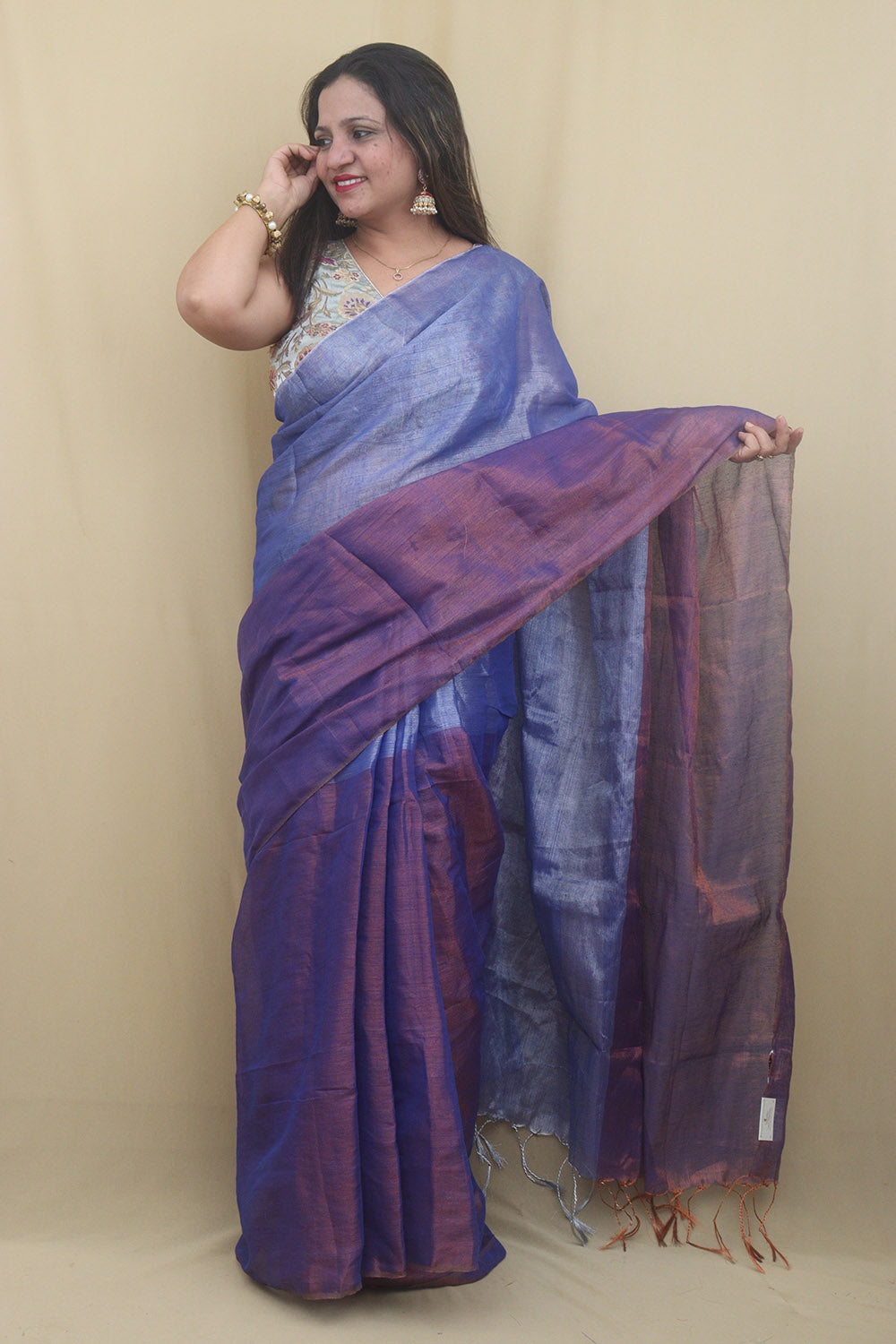 Elegant Blue Bengal Plain Tissue Cotton Half And Half Saree - Luxurion World