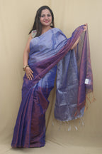 Elegant Blue Bengal Plain Tissue Cotton Half And Half Saree - Luxurion World