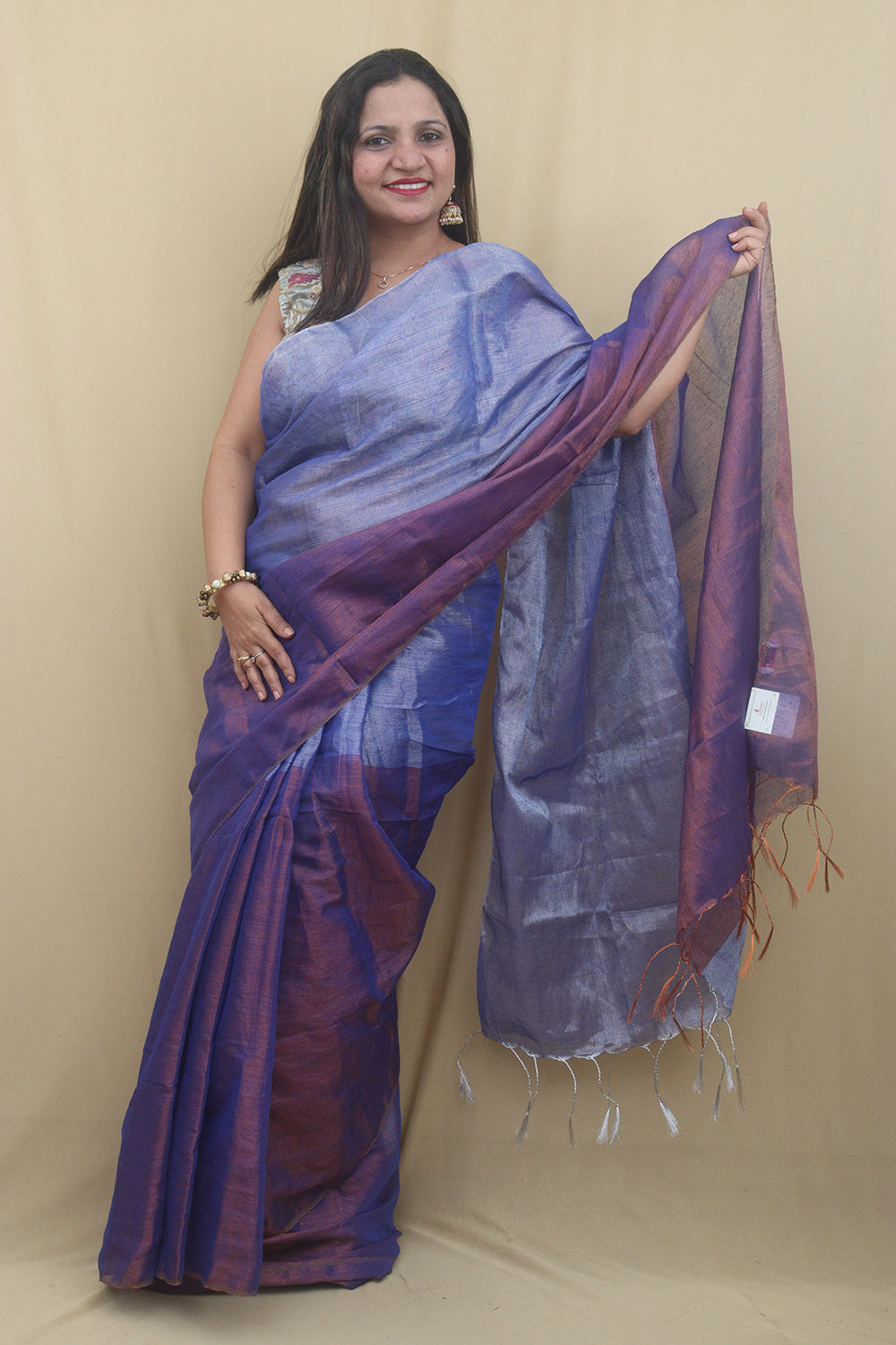 Elegant Blue Bengal Plain Tissue Cotton Half And Half Saree - Luxurion World