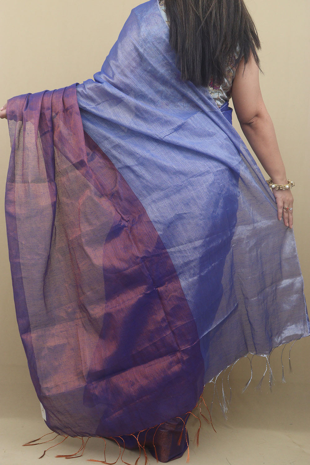 Elegant Blue Bengal Plain Tissue Cotton Half And Half Saree - Luxurion World