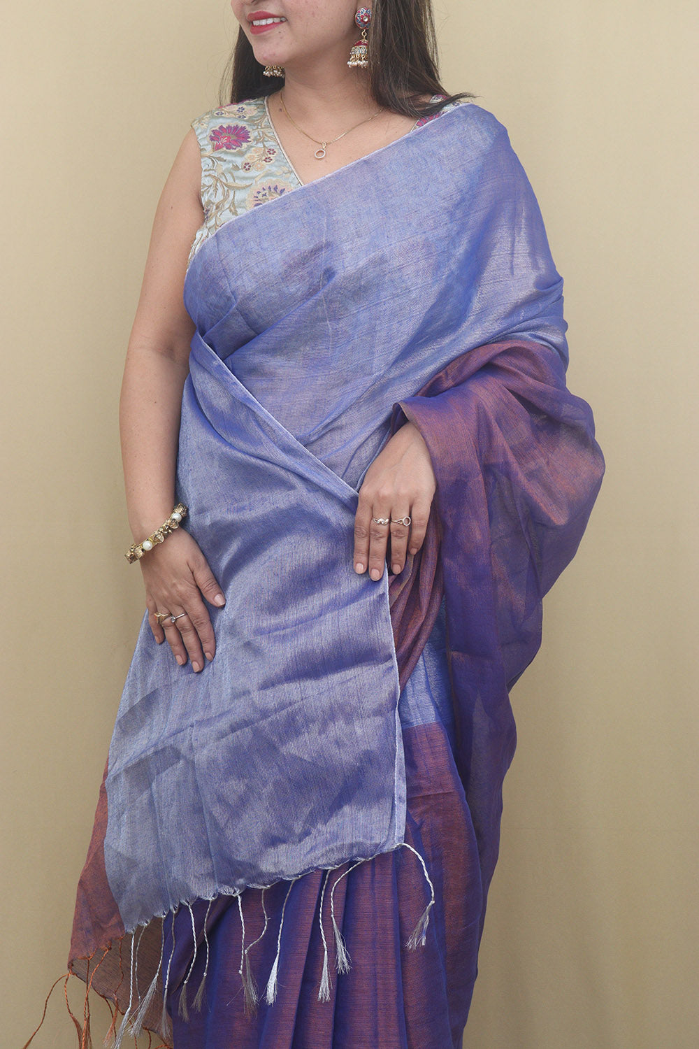 Elegant Blue Bengal Plain Tissue Cotton Half And Half Saree - Luxurion World