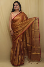 1 Min Ready To Wear - Golden Bengal Plain Tissue Cotton Saree - Luxurion World