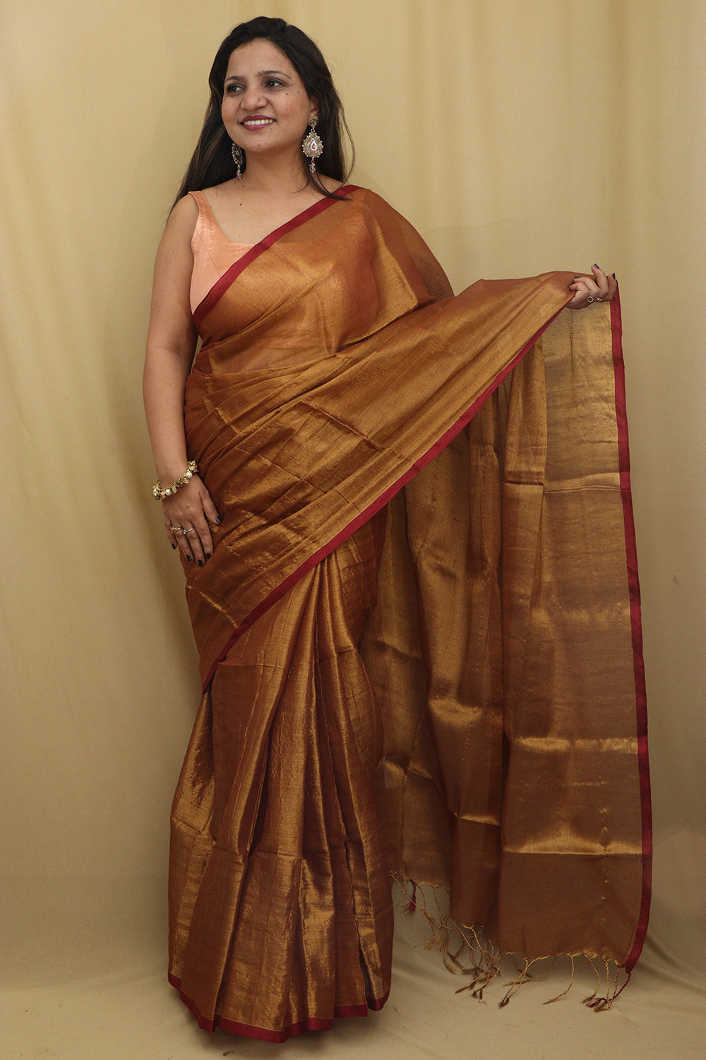 1 Min Ready To Wear - Golden Bengal Plain Tissue Cotton Saree - Luxurion World