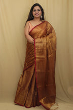 1 Min Ready To Wear - Golden Bengal Plain Tissue Cotton Saree - Luxurion World