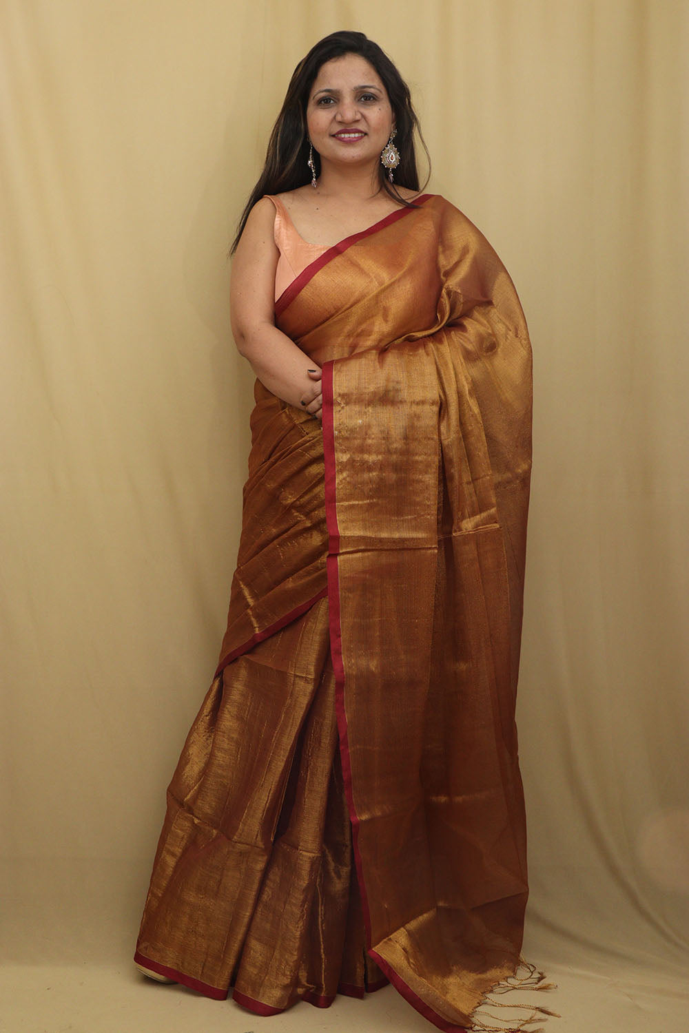1 Min Ready To Wear - Golden Bengal Plain Tissue Cotton Saree - Luxurion World