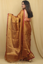 1 Min Ready To Wear - Golden Bengal Plain Tissue Cotton Saree - Luxurion World