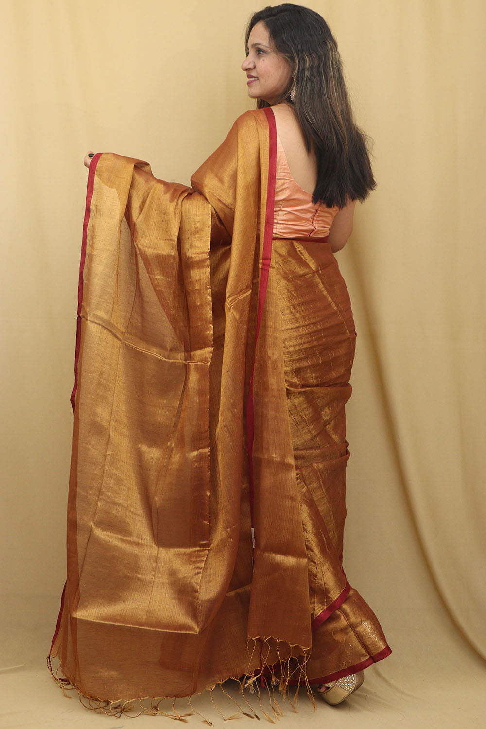 1 Min Ready To Wear - Golden Bengal Plain Tissue Cotton Saree - Luxurion World