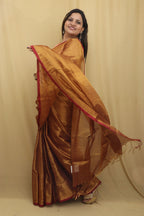 1 Min Ready To Wear - Golden Bengal Plain Tissue Cotton Saree - Luxurion World