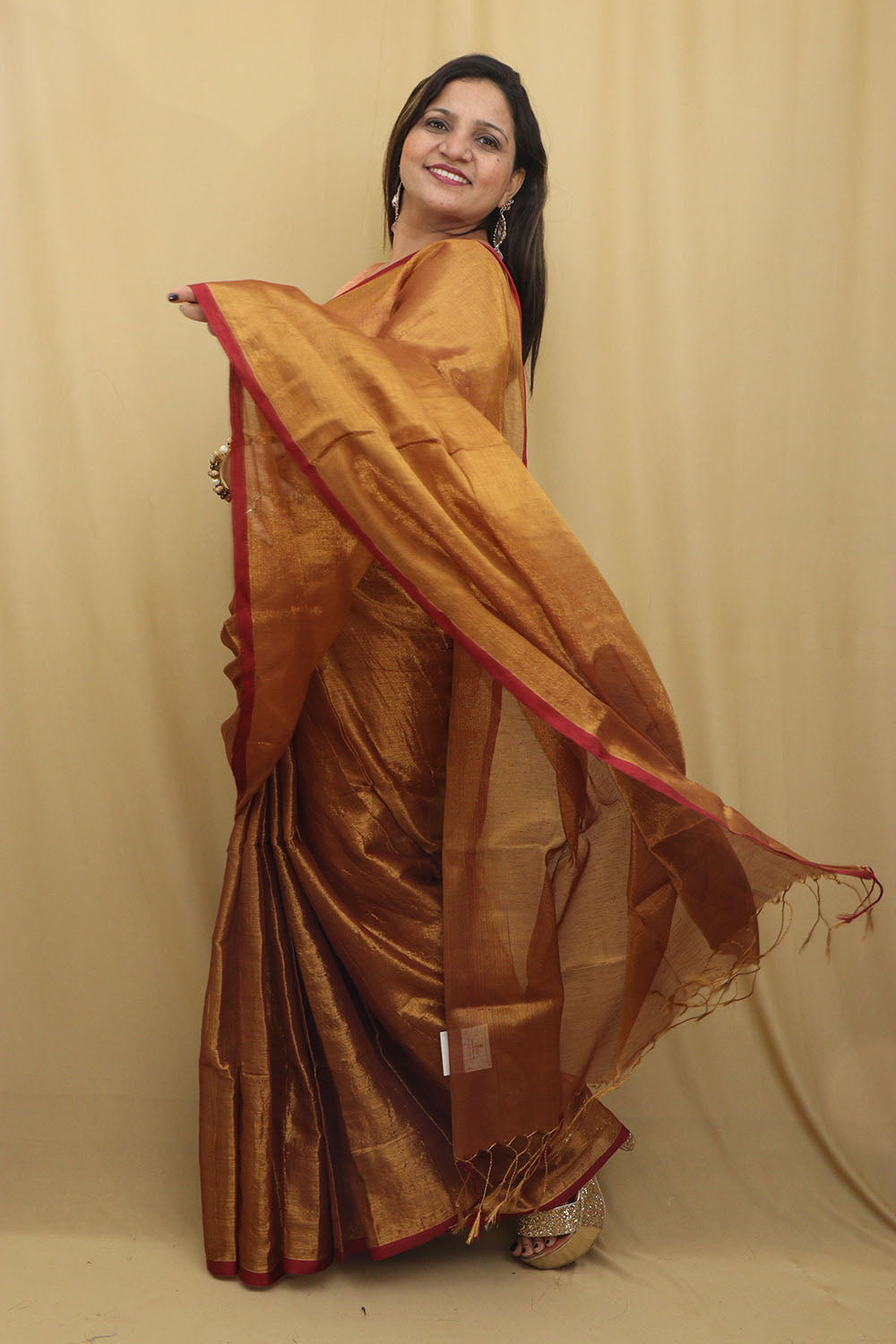 1 Min Ready To Wear - Golden Bengal Plain Tissue Cotton Saree - Luxurion World