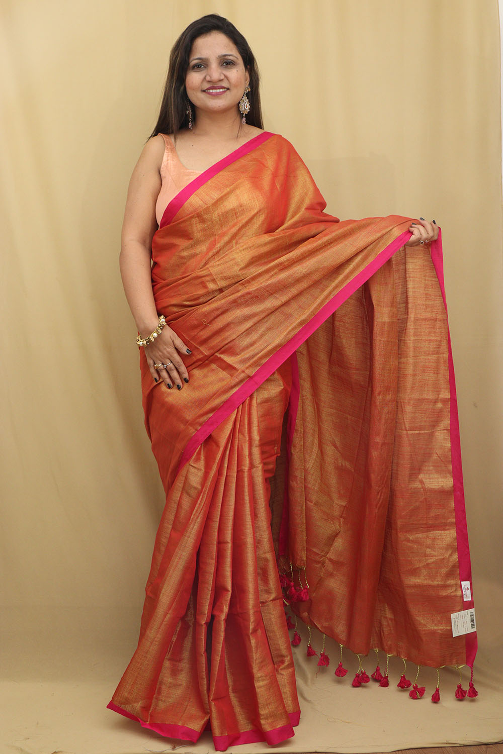 1 Min Ready To Wear - Golden Bengal Plain Tissue Cotton Saree - Luxurion World