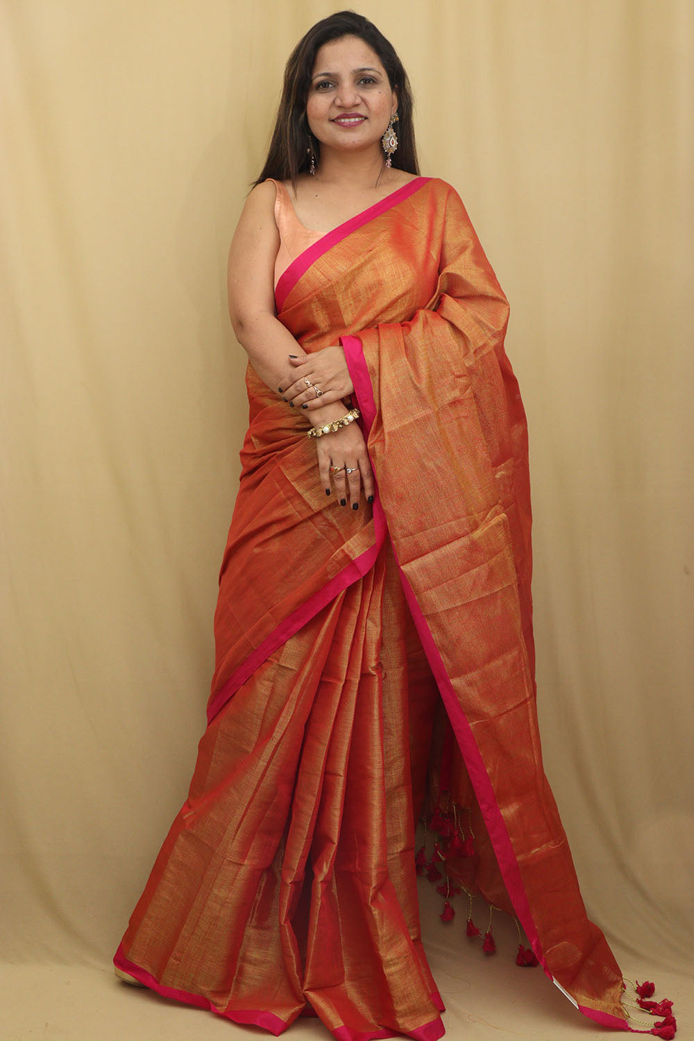 1 Min Ready To Wear - Golden Bengal Plain Tissue Cotton Saree - Luxurion World
