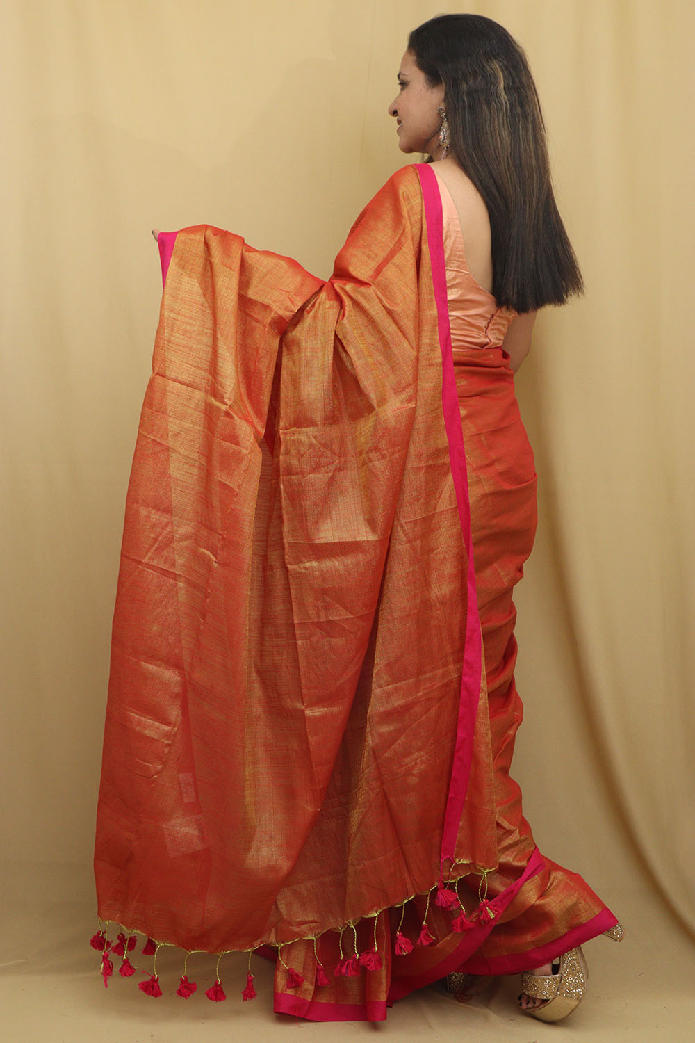 1 Min Ready To Wear - Golden Bengal Plain Tissue Cotton Saree - Luxurion World
