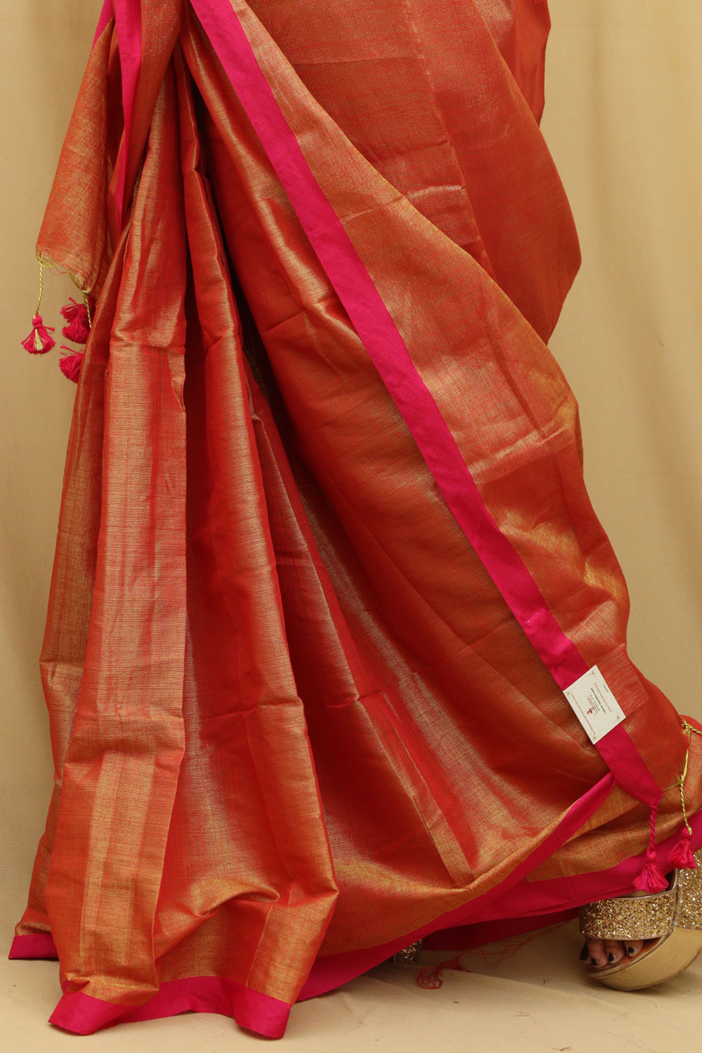1 Min Ready To Wear - Golden Bengal Plain Tissue Cotton Saree - Luxurion World