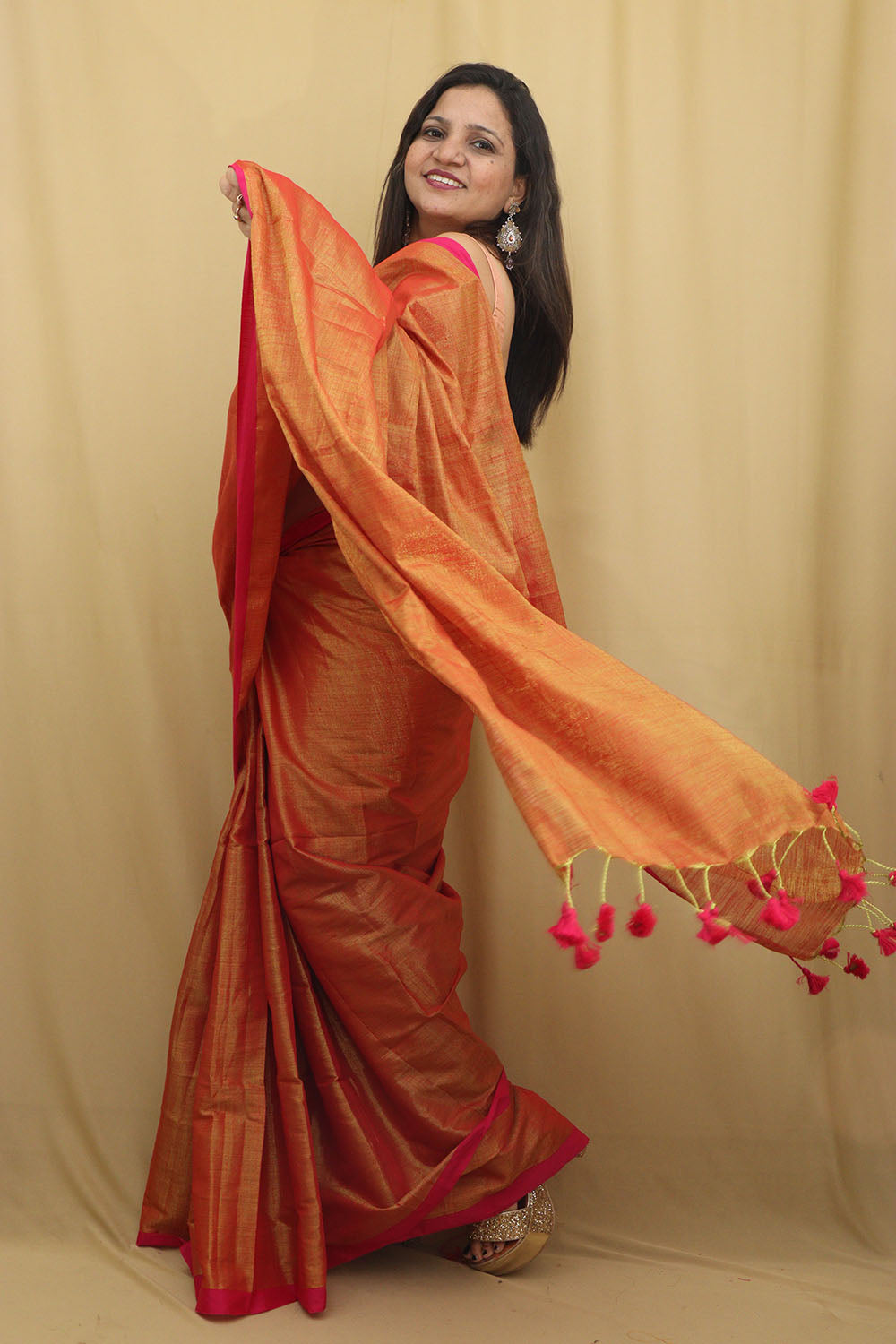 1 Min Ready To Wear - Golden Bengal Plain Tissue Cotton Saree - Luxurion World