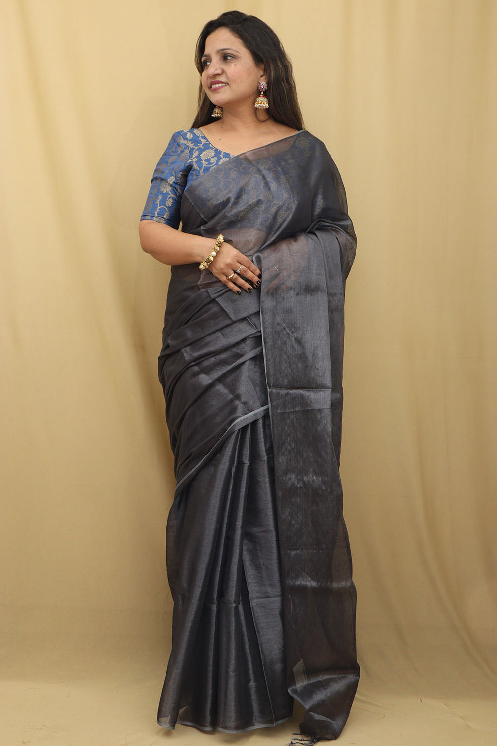 1 Min Ready To Wear - Grey Bengal Tissue Cotton Saree - Luxurion World