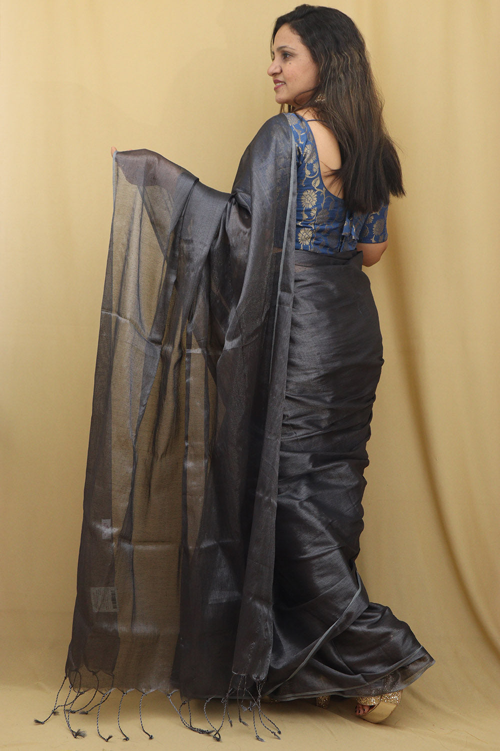 1 Min Ready To Wear - Grey Bengal Tissue Cotton Saree - Luxurion World
