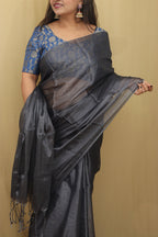 1 Min Ready To Wear - Grey Bengal Tissue Cotton Saree - Luxurion World