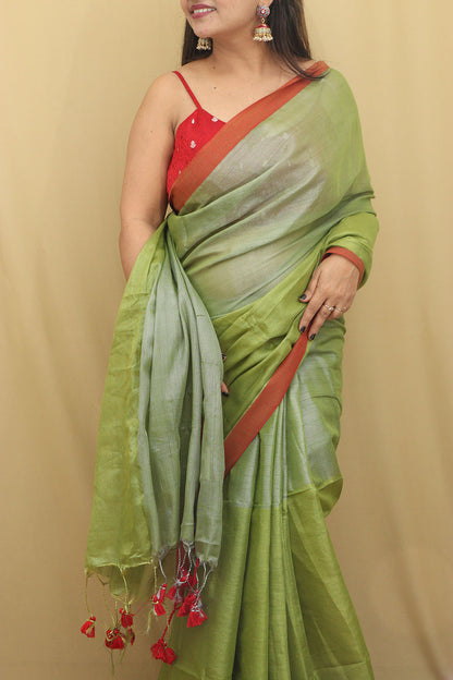 Green Bengal Plain Tissue Cotton Saree - Elegant and Stylish - Luxurion World