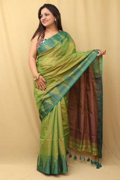 Ethnic Green Bengal Tissue Cotton Saree with Temple Border - Luxurion World