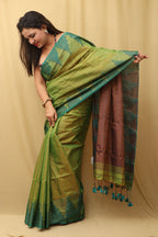 Ethnic Green Bengal Tissue Cotton Saree with Temple Border - Luxurion World