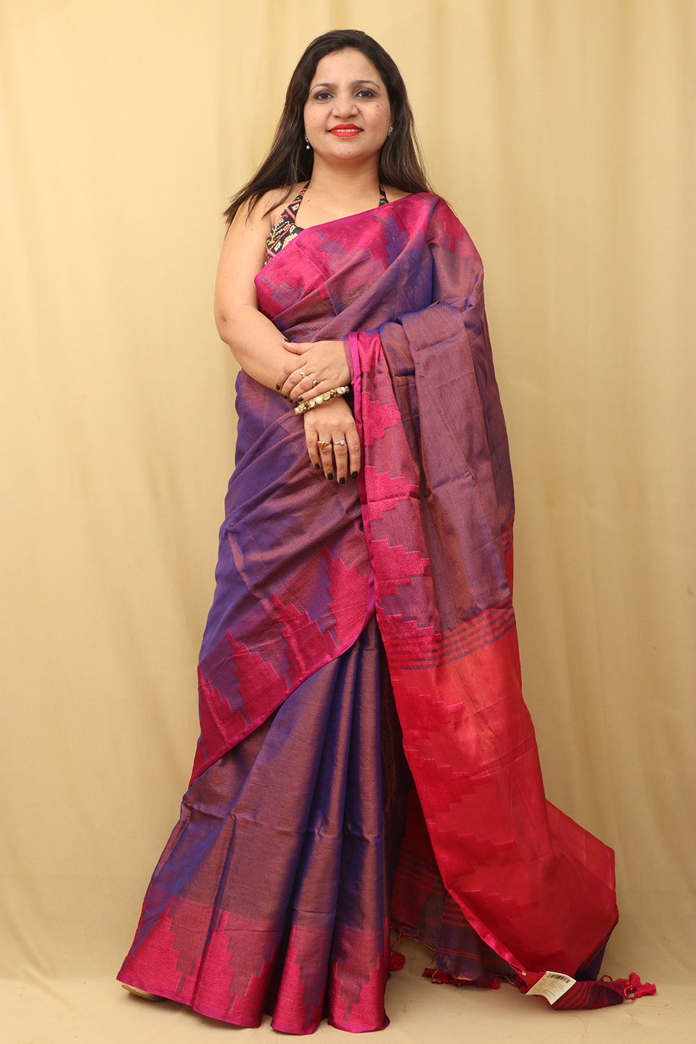 1 Min Ready To Wear - Purple Bengal Tissue Cotton Saree with Temple Border (Copy) - Luxurion World