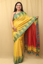 Yellow Bengal Plain Tissue Cotton Saree with Temple Border - Luxurion World