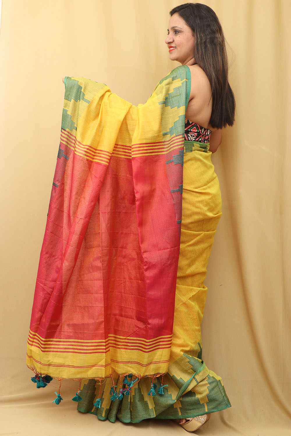 Yellow Bengal Plain Tissue Cotton Saree with Temple Border - Luxurion World
