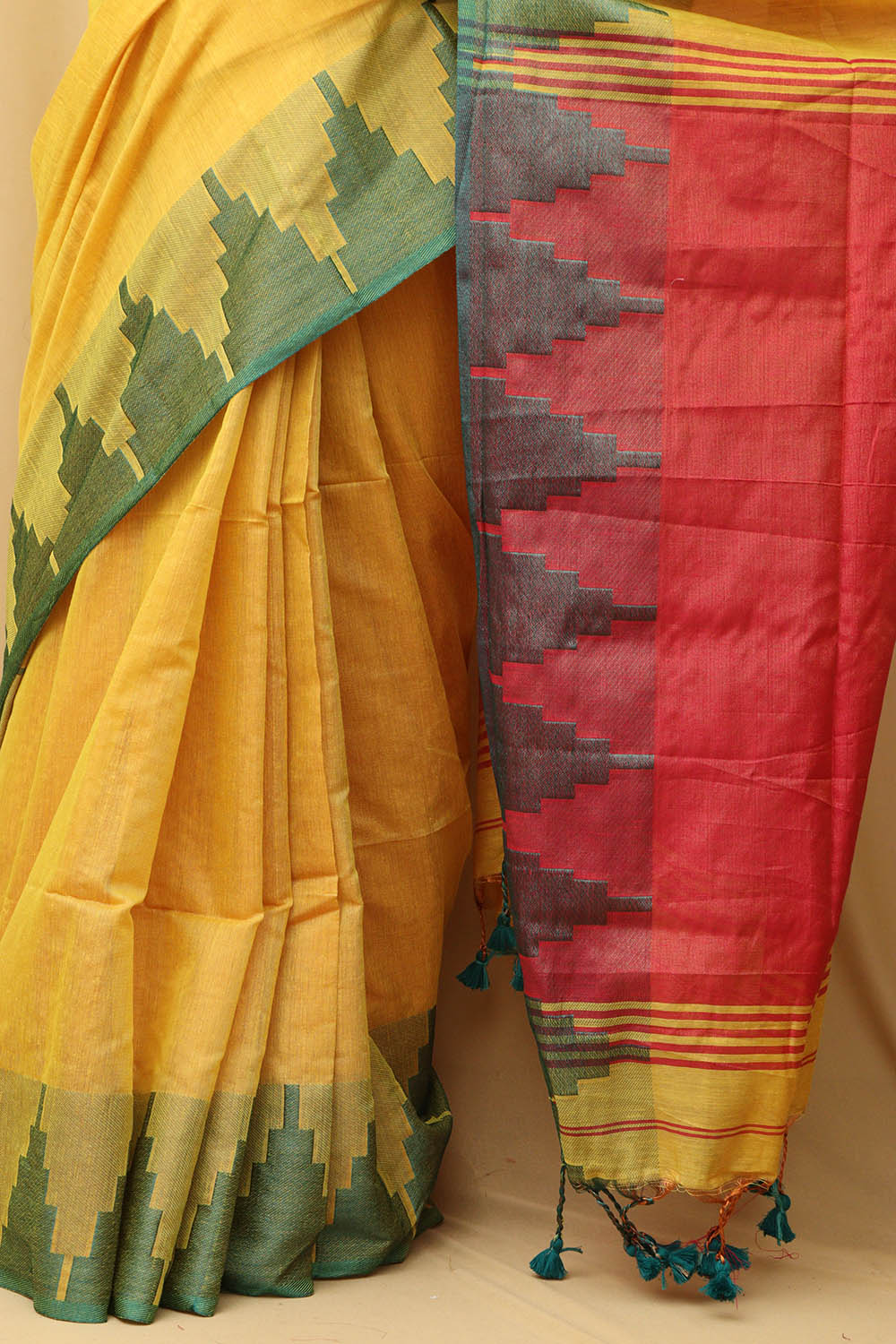 Yellow Bengal Plain Tissue Cotton Saree with Temple Border - Luxurion World