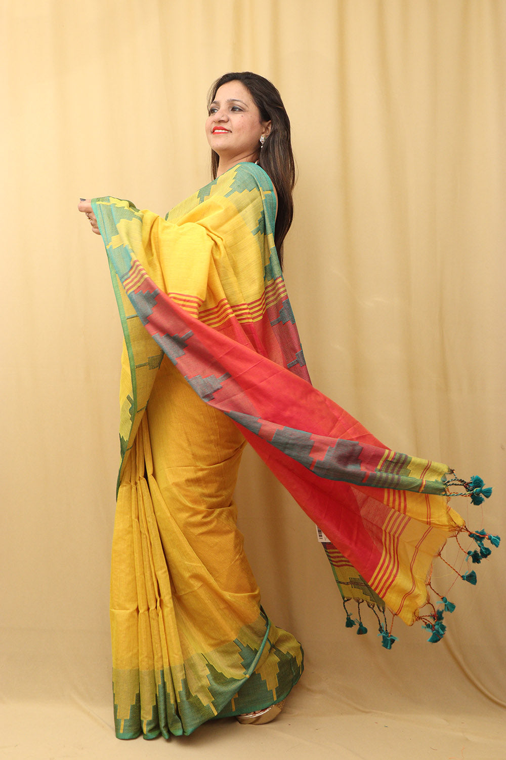 Yellow Bengal Plain Tissue Cotton Saree with Temple Border - Luxurion World
