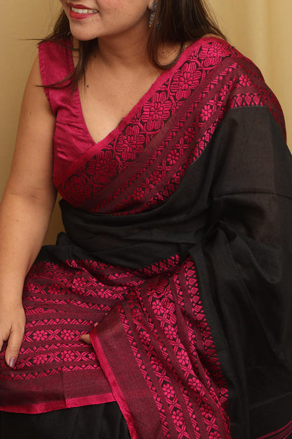 Elegant Black Bengal Cotton Saree - Luxurion World