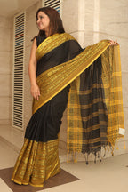 Stunning Black And Yellow Bengal Cotton Saree - Luxurion World