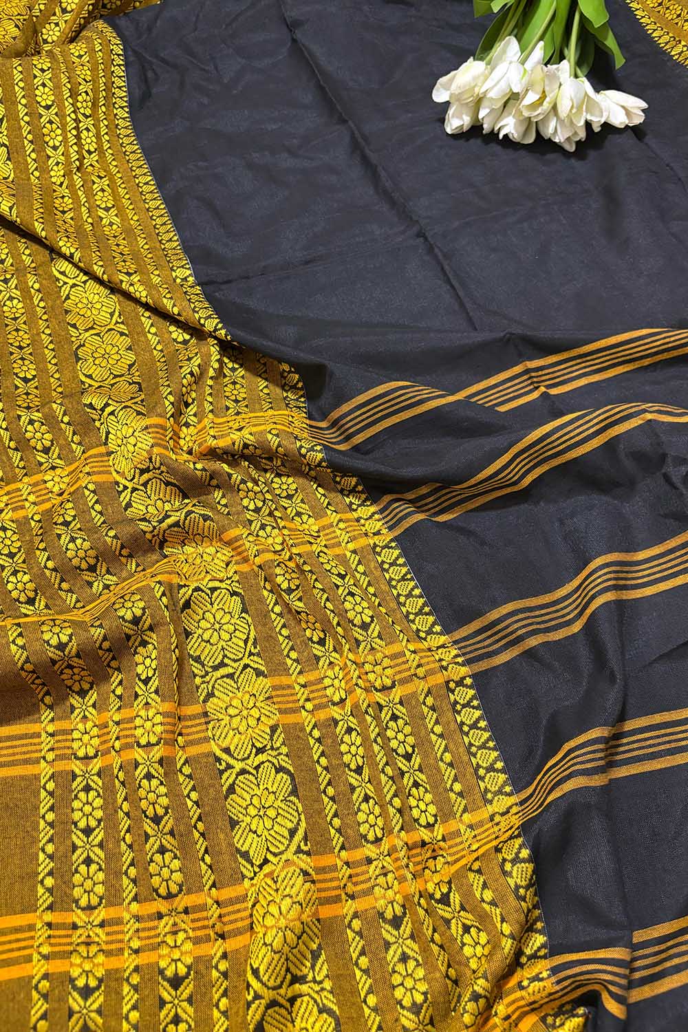 Stunning Black And Yellow Bengal Cotton Saree - Luxurion World