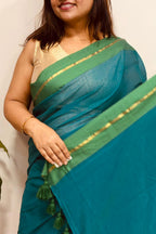 Blue And Green Bengal Mul Cotton Saree