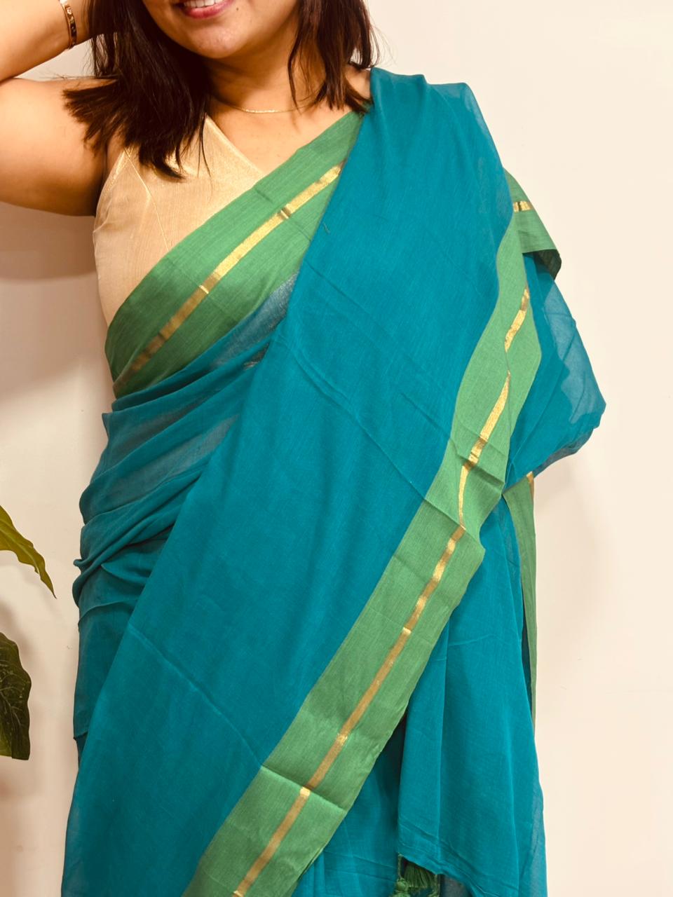 Blue And Green Bengal Mul Cotton Saree