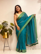 Blue And Green Bengal Mul Cotton Saree
