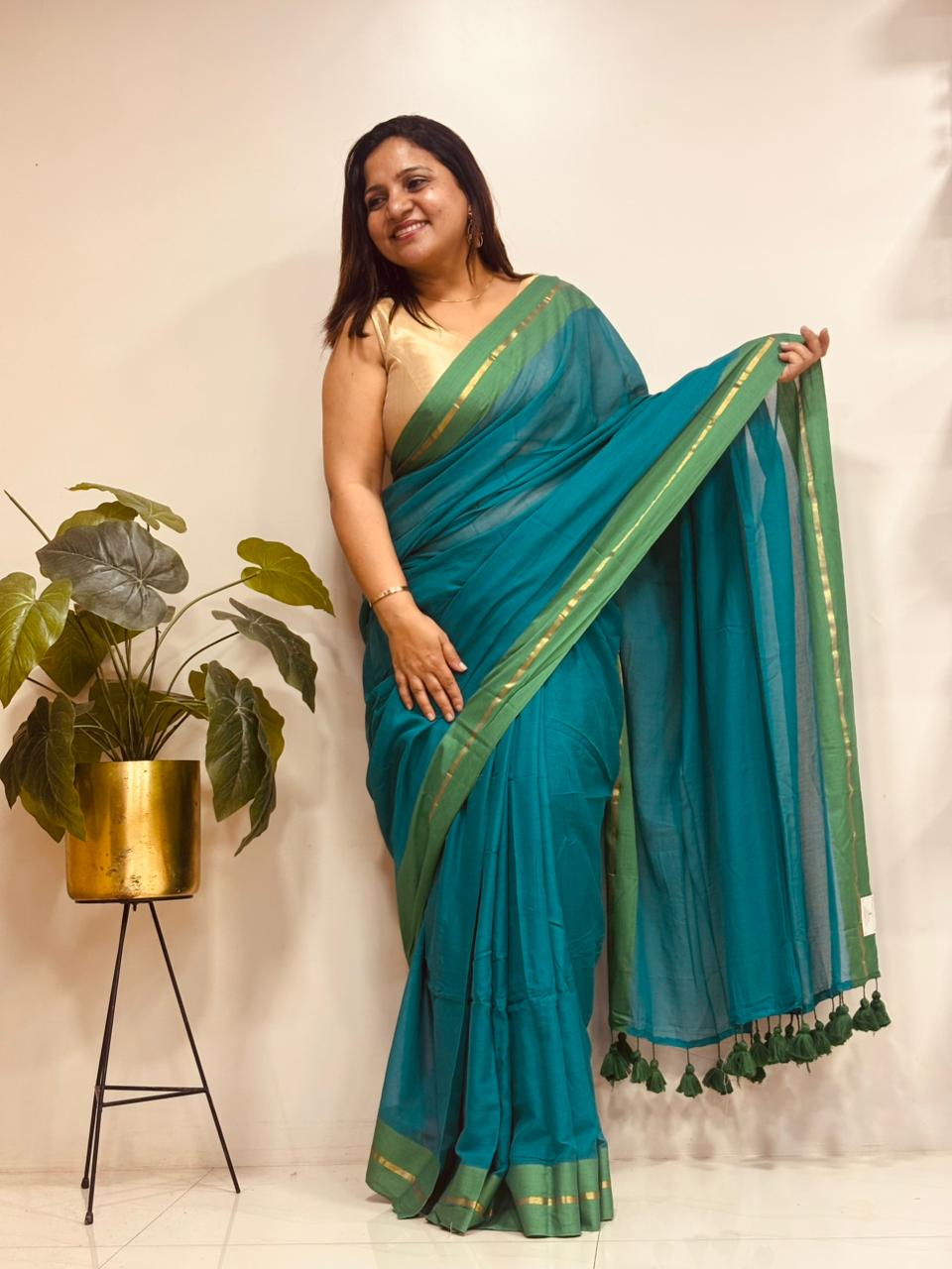 Blue And Green Bengal Mul Cotton Saree