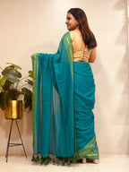 Blue And Green Bengal Mul Cotton Saree