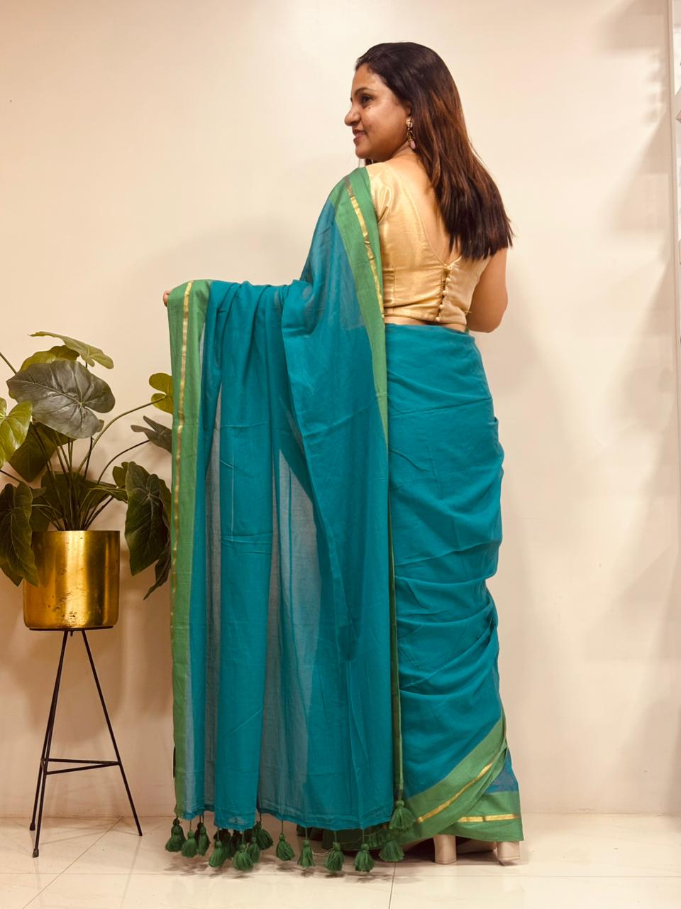 Blue And Green Bengal Mul Cotton Saree