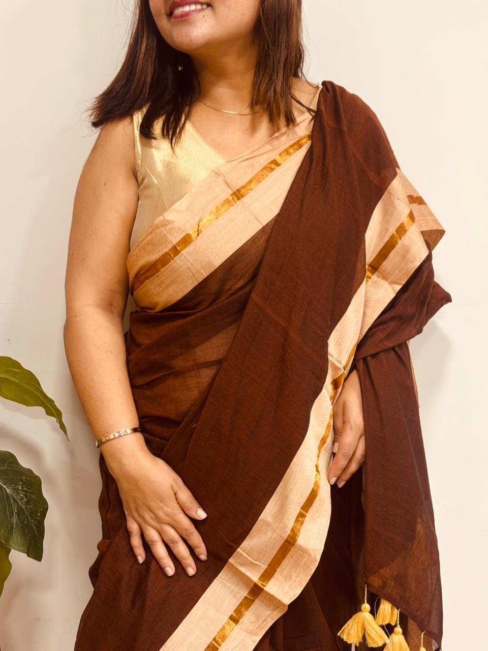 Brown Bengal Mul Cotton Saree