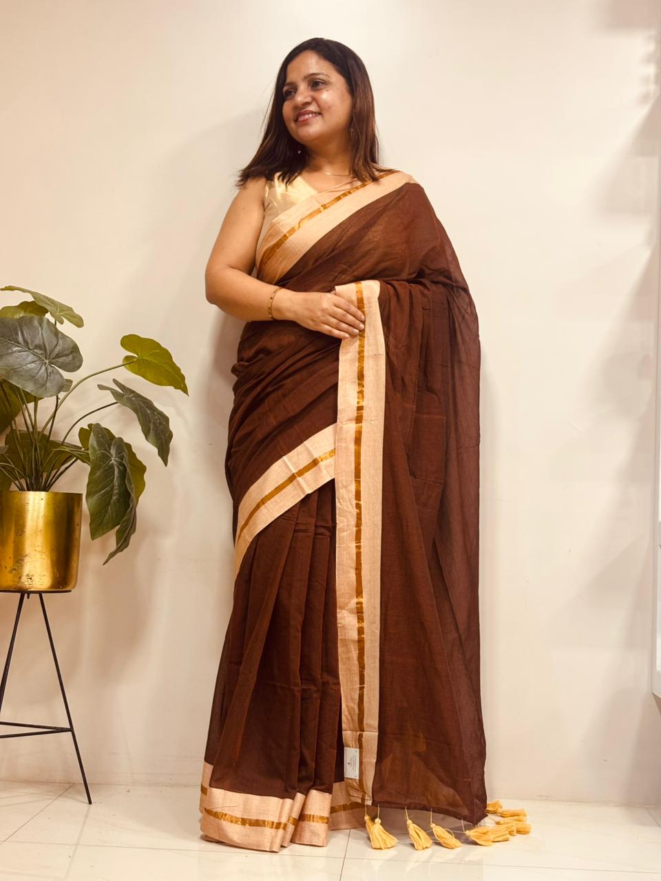 Brown Bengal Mul Cotton Saree