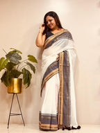 White And Grey Bengal Mul Cotton Saree Everyday Elegant