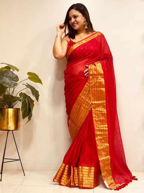 Red Bengal Mul Cotton Saree Everyday Elegant