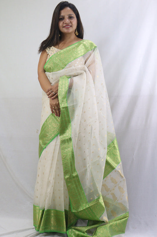 Pure Katan Silk Off White Handloom Chanderi Saree - Elegant and Timeless - Luxurion World