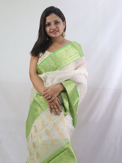 Pure Katan Silk Off White Handloom Chanderi Saree - Elegant and Timeless