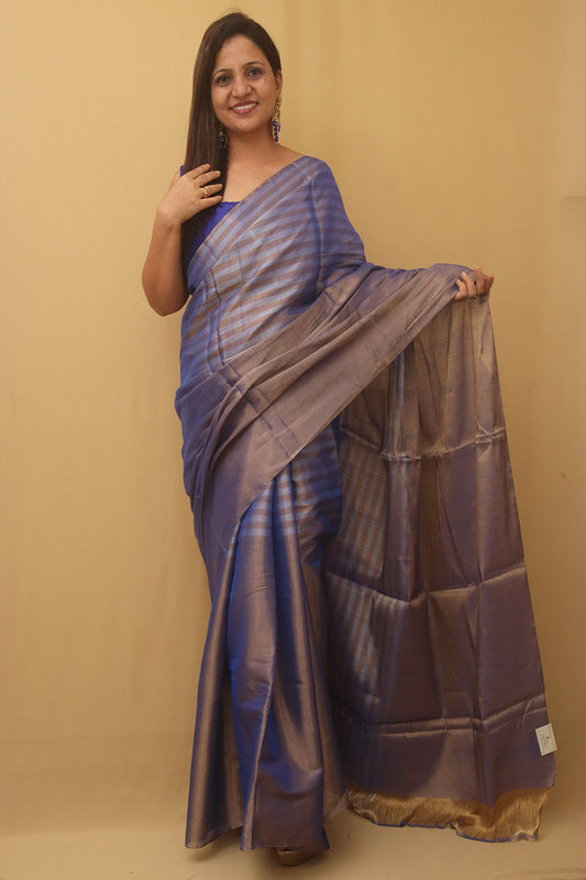 Blue Handloom Chanderi Pure Katan Tissue Silk Saree - Luxurion World